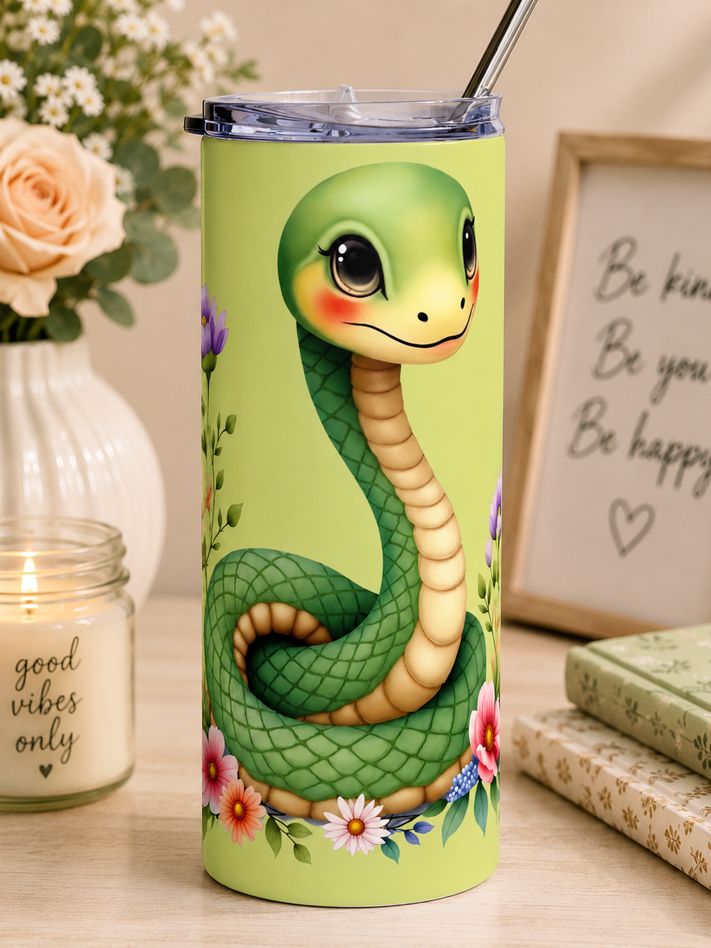 Cute Snake Floral 20oz Stainless Tumbler