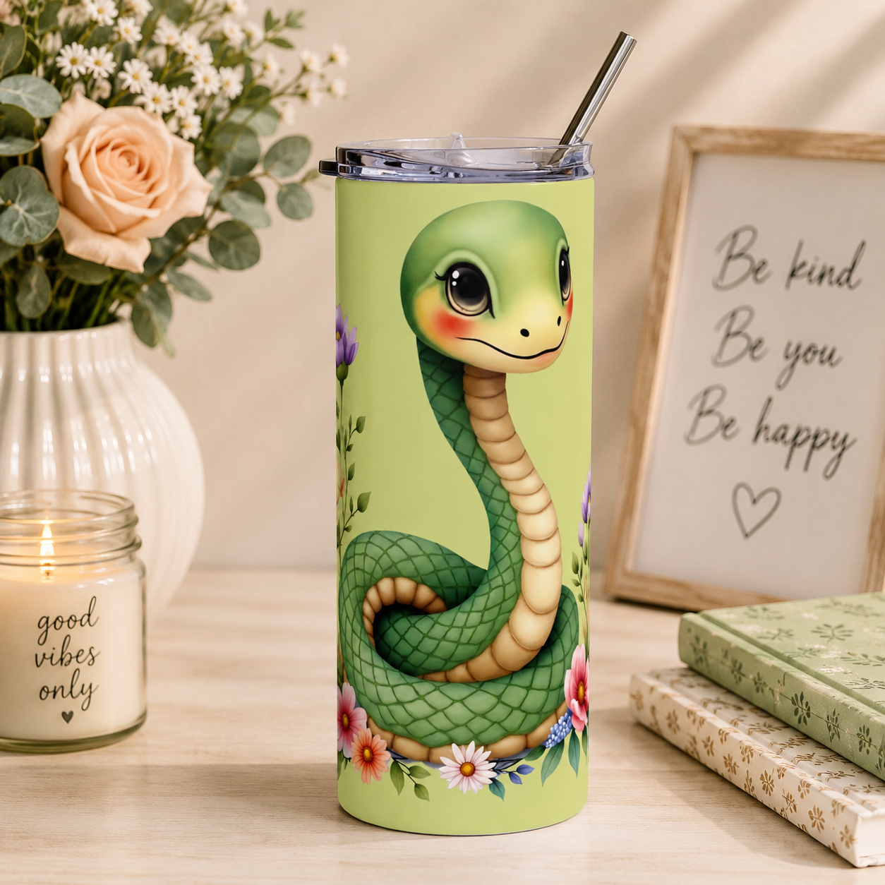 Cute Snake Floral 20oz Stainless Tumbler