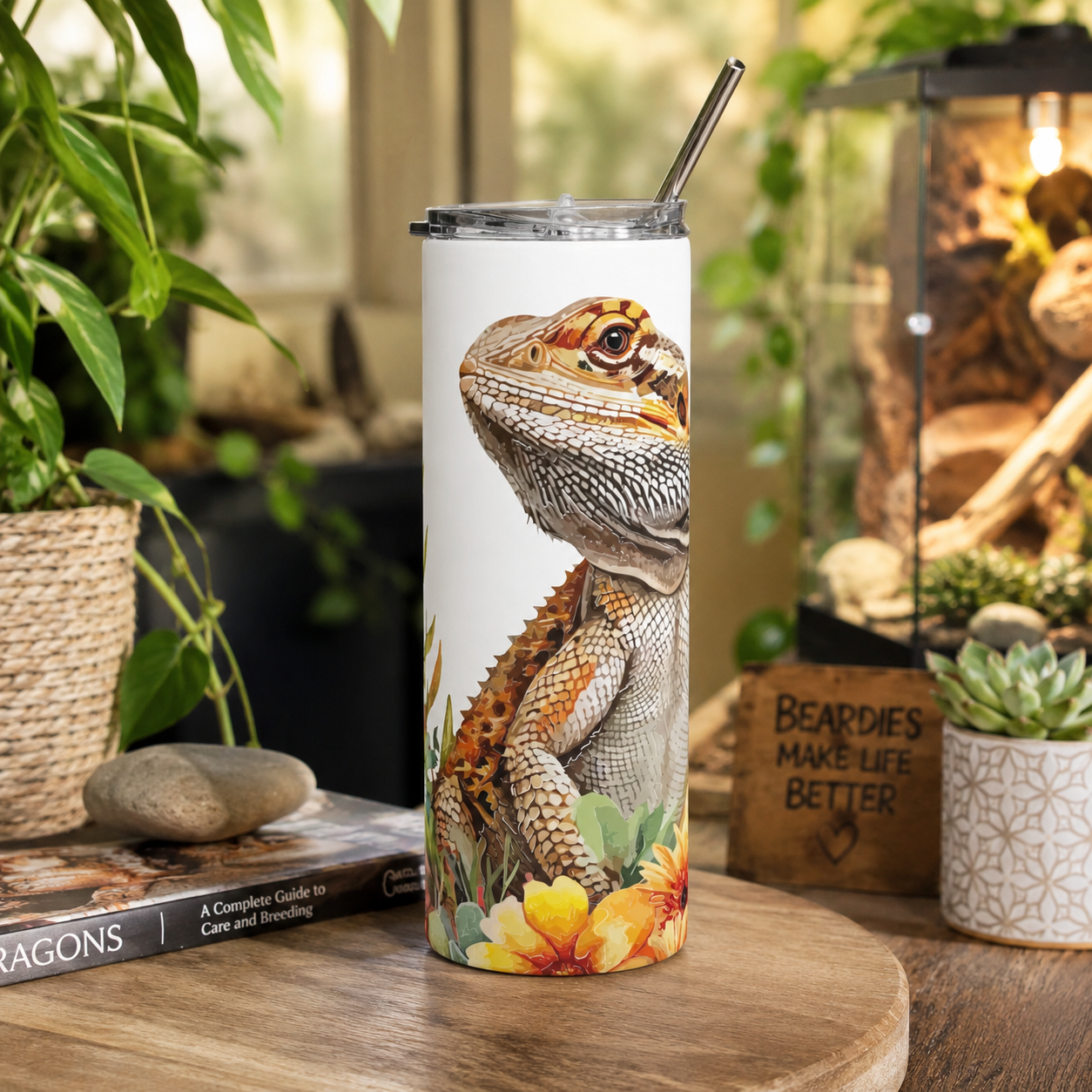 Bearded Dragon Floral 20oz Stainless Tumbler