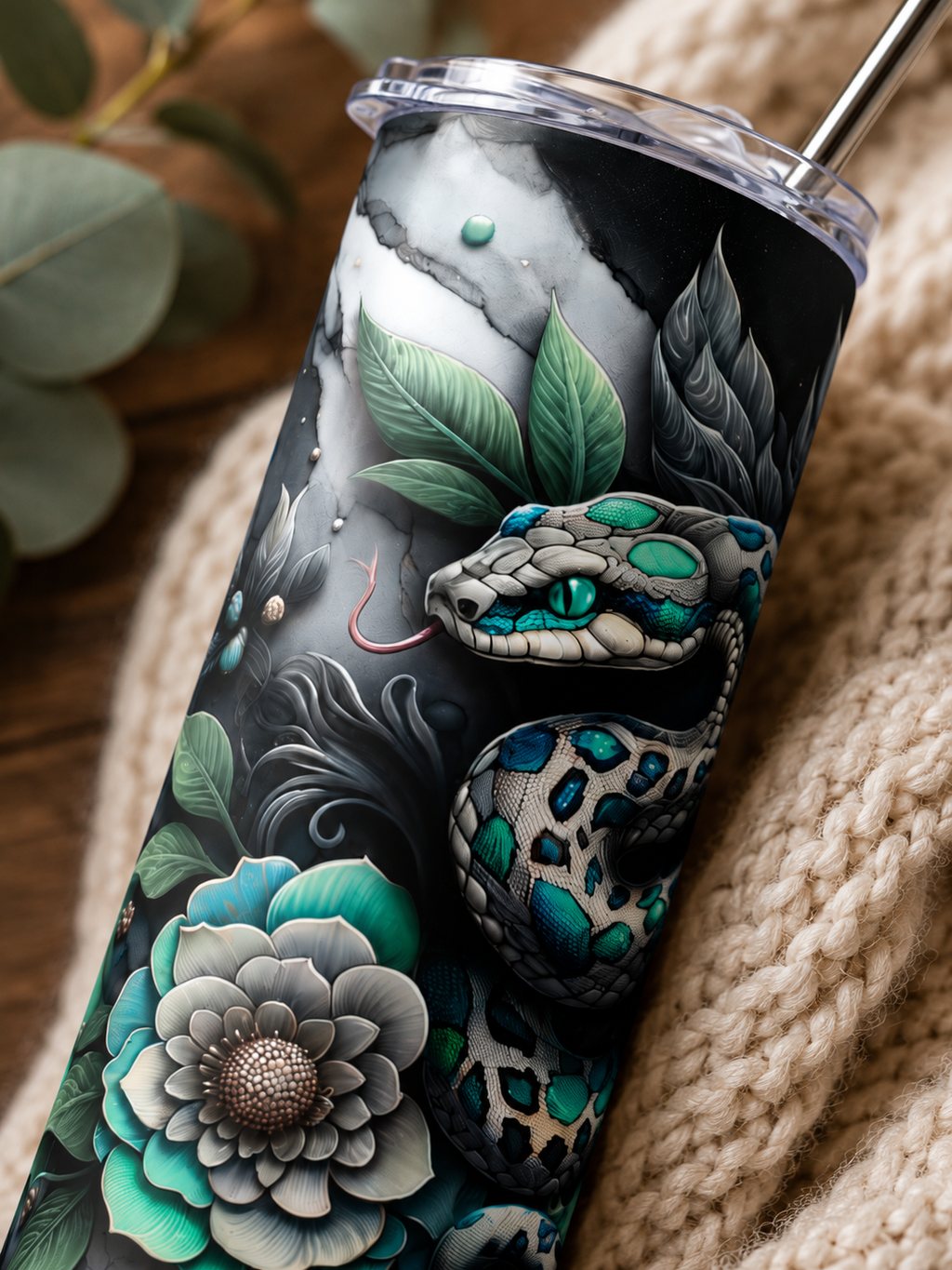 20oz Stainless Tumbler — Teal Snake & Succulent Art Stainless Steel Travel Cup