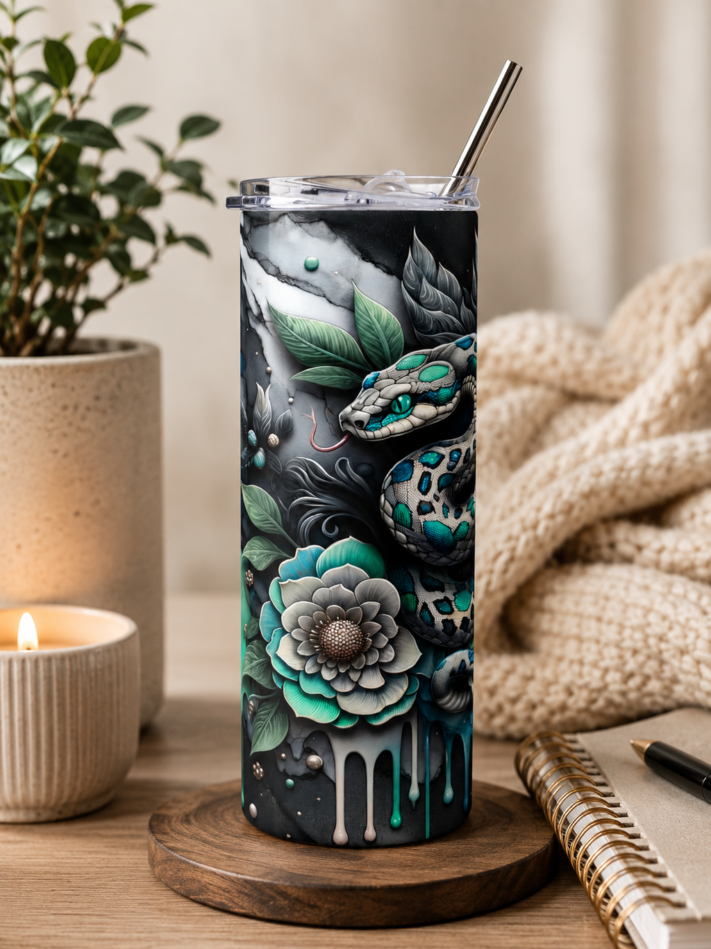 20oz Stainless Tumbler — Teal Snake & Succulent Art Stainless Steel Travel Cup