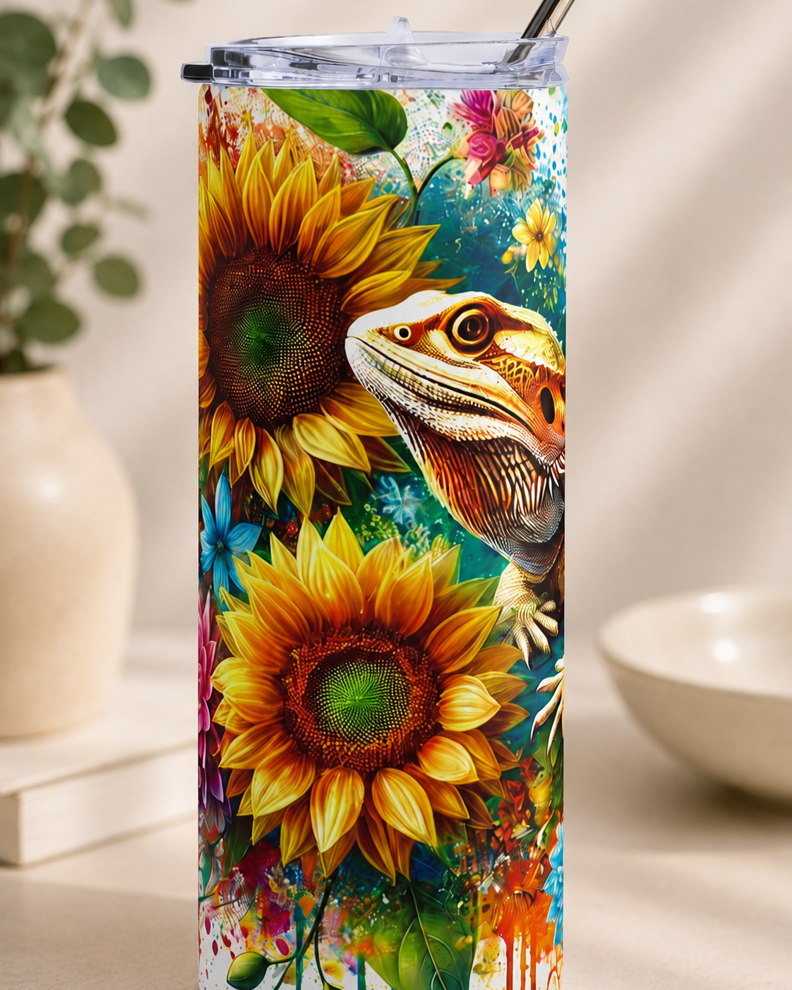 Bearded Dragon Sunflower Stainless Steel Tumbler – 20oz Insulated Travel Cup