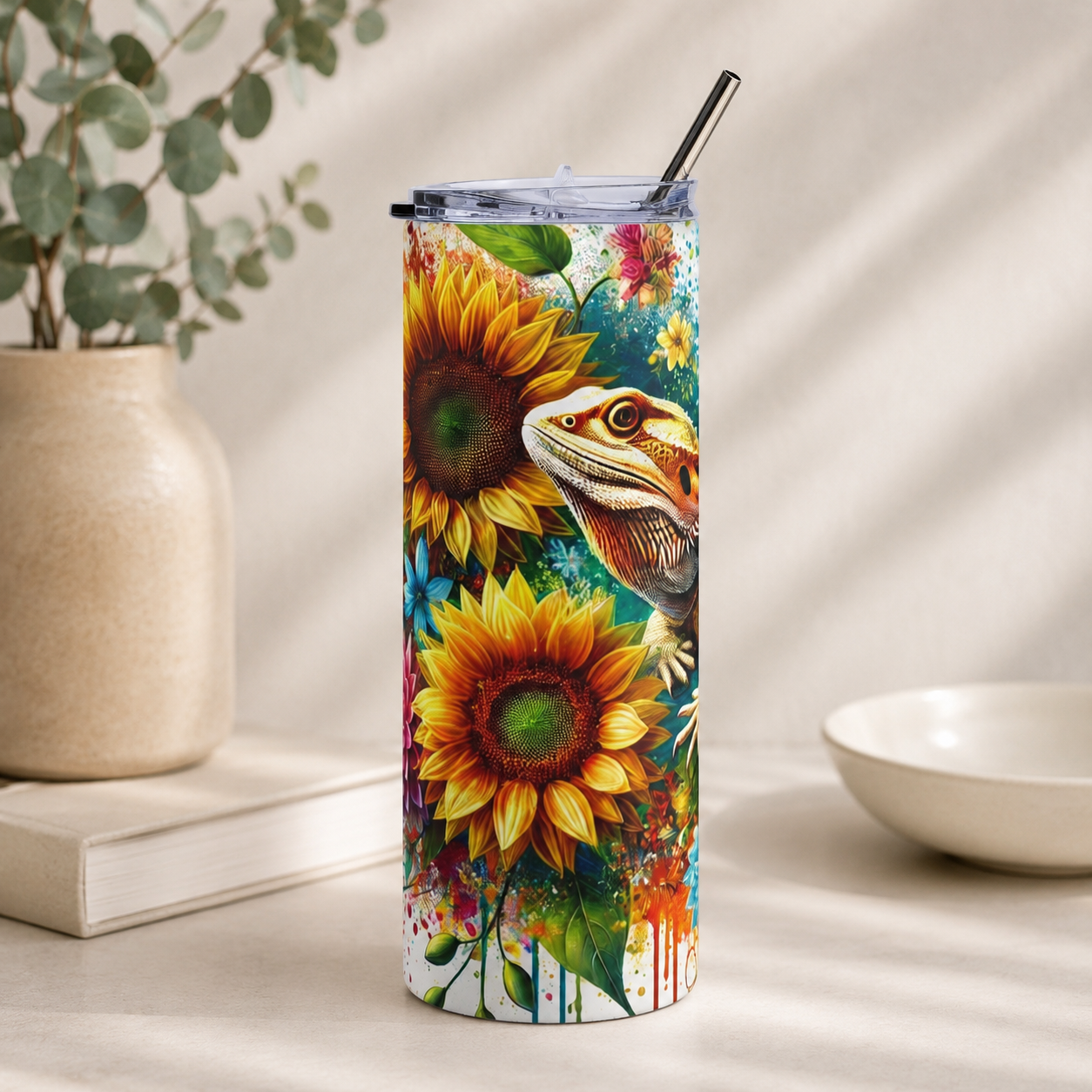 Bearded Dragon Sunflower Stainless Steel Tumbler – 20oz Insulated Travel Cup