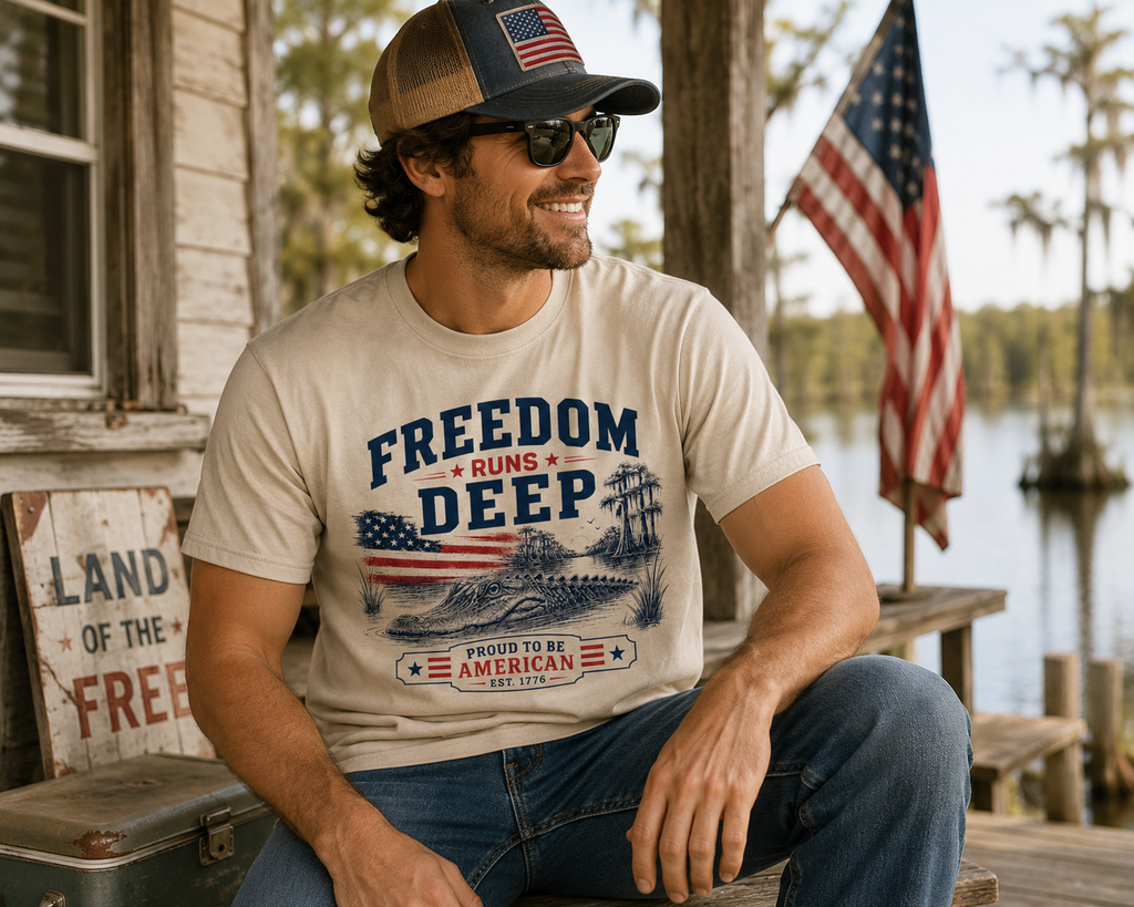 Freedom Runs Deep Gator Shirt | Patriotic Alligator 4th of July Tee