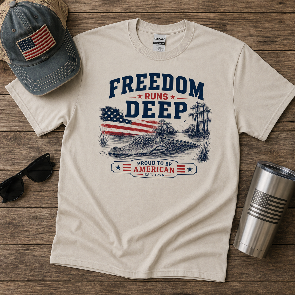 Freedom Runs Deep Gator Shirt | Patriotic Alligator 4th of July Tee