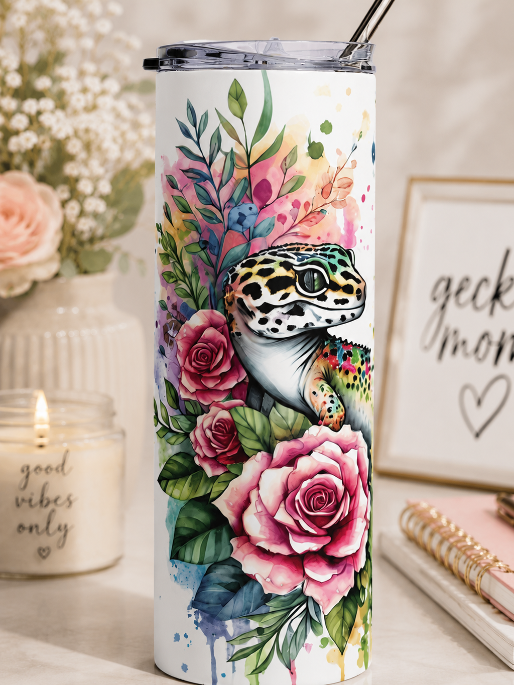 Gecko Floral 20oz Stainless Steel Tumbler — Colorful Leopard Gecko Water Bottle