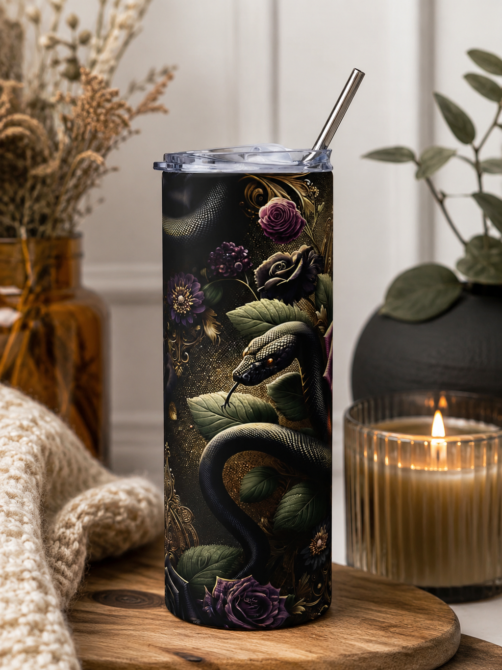 20oz Stainless Tumbler — Gothic Rose & Snake Insulated Travel Cup