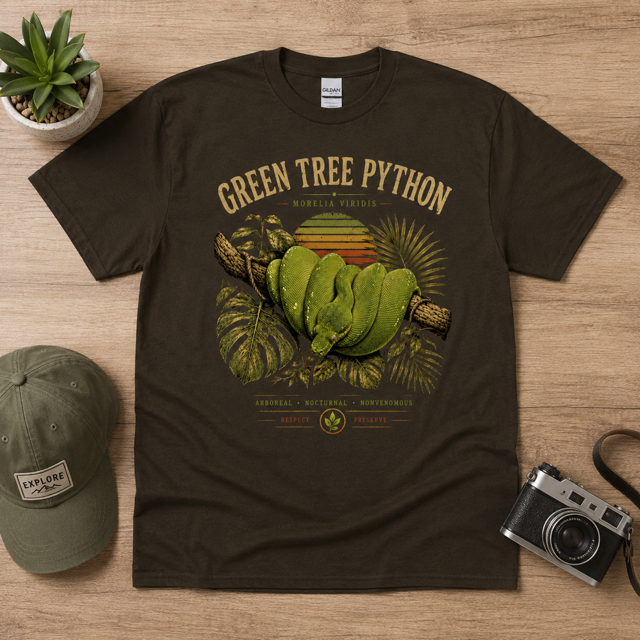Green Tree Python Vintage Reptile Graphic T-Shirt | Morelia viridis Tee