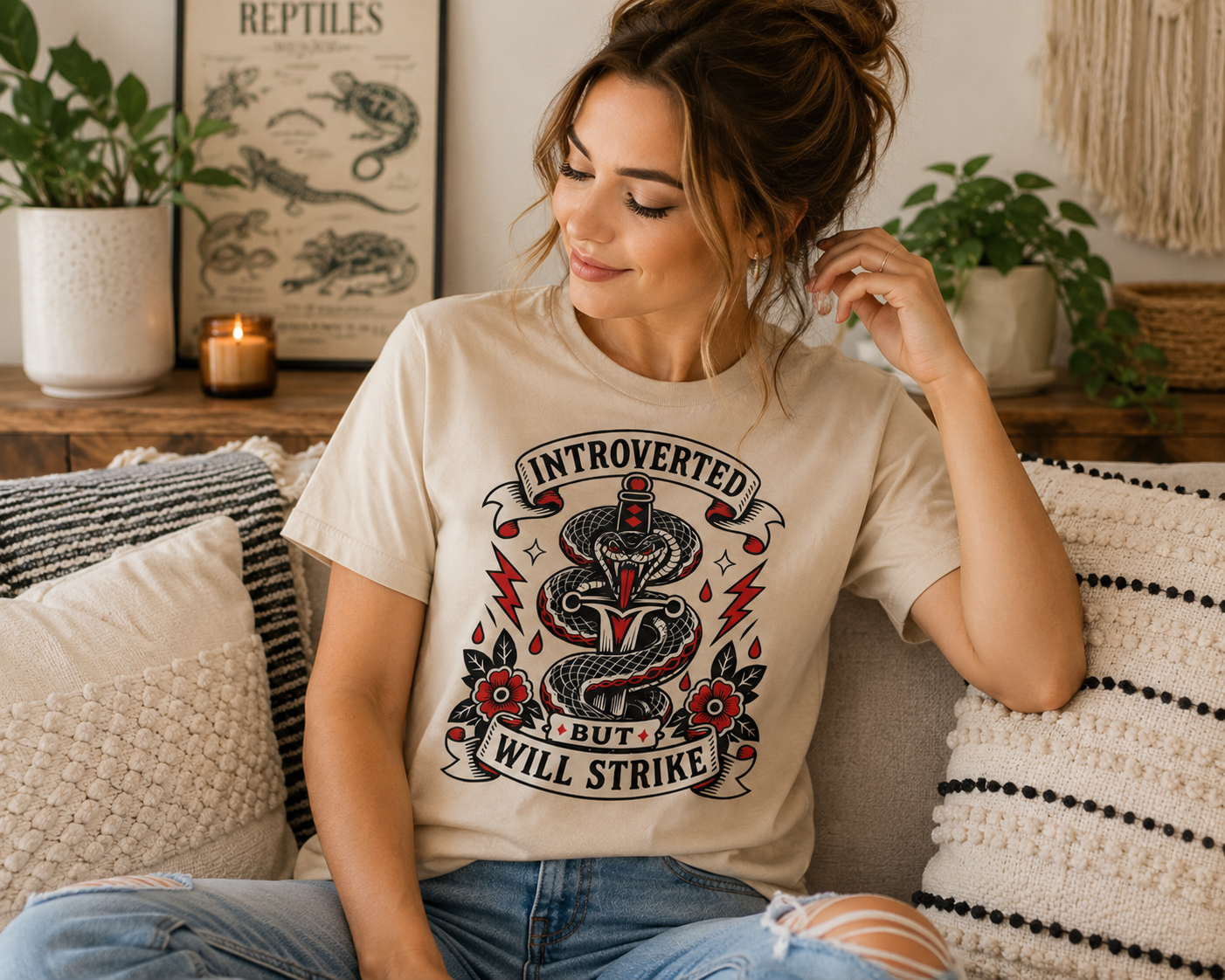 Introverted But Will Strike T-Shirt — Retro Snake Dagger Graphic Tee