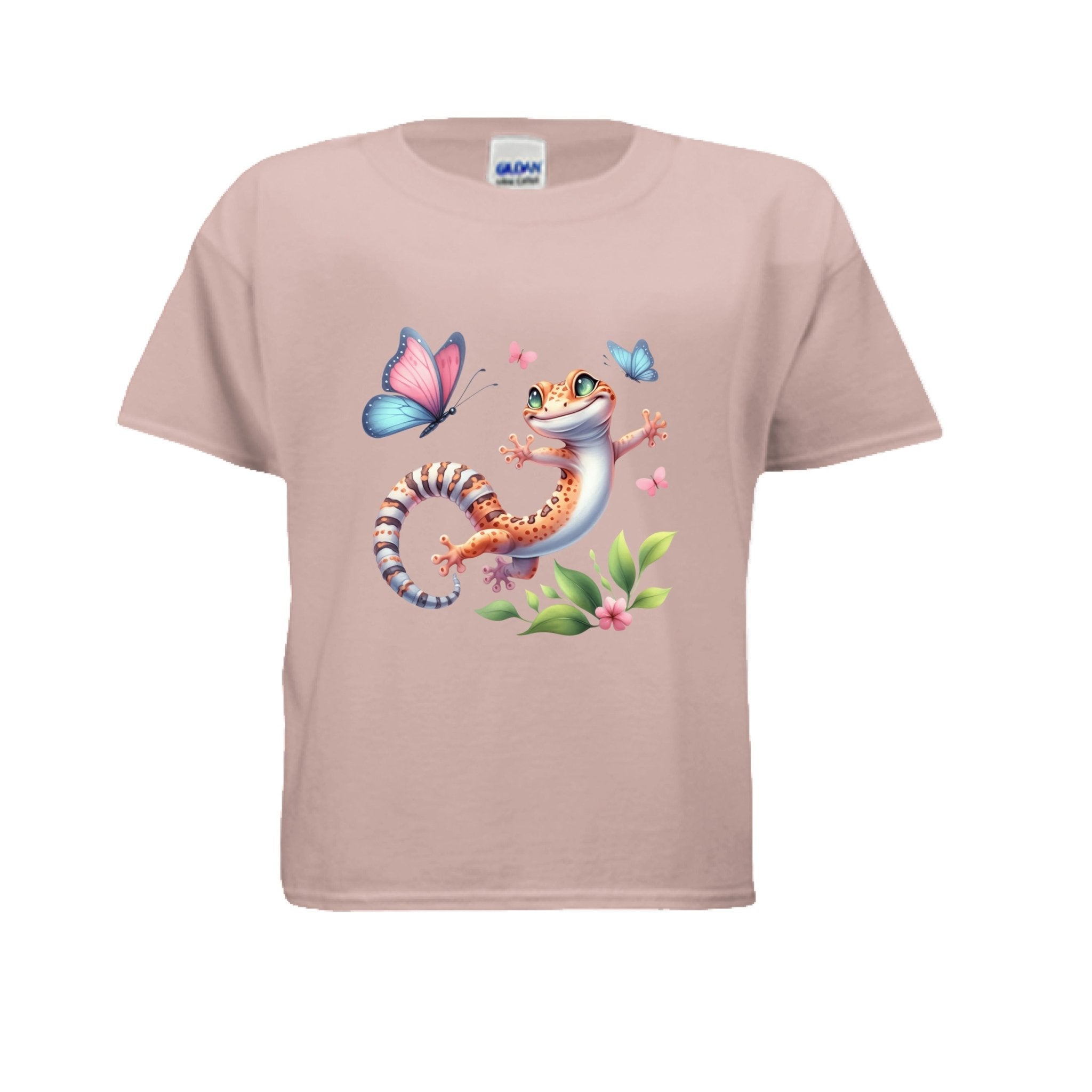 Fun and Colorful Leopard Gecko Kids T-Shirt with Butterflies - Red River Exotics