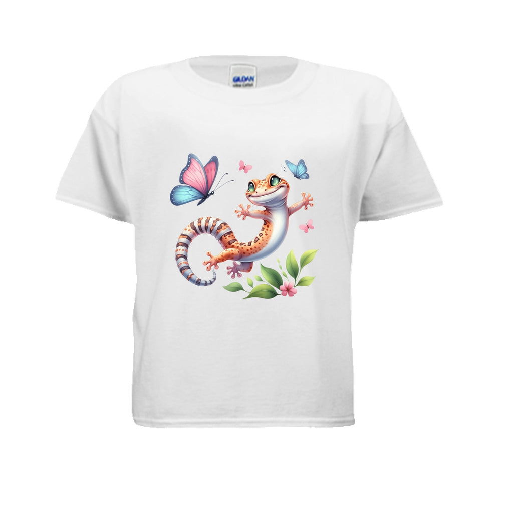 Fun and Colorful Leopard Gecko Kids T-Shirt with Butterflies - Red River Exotics