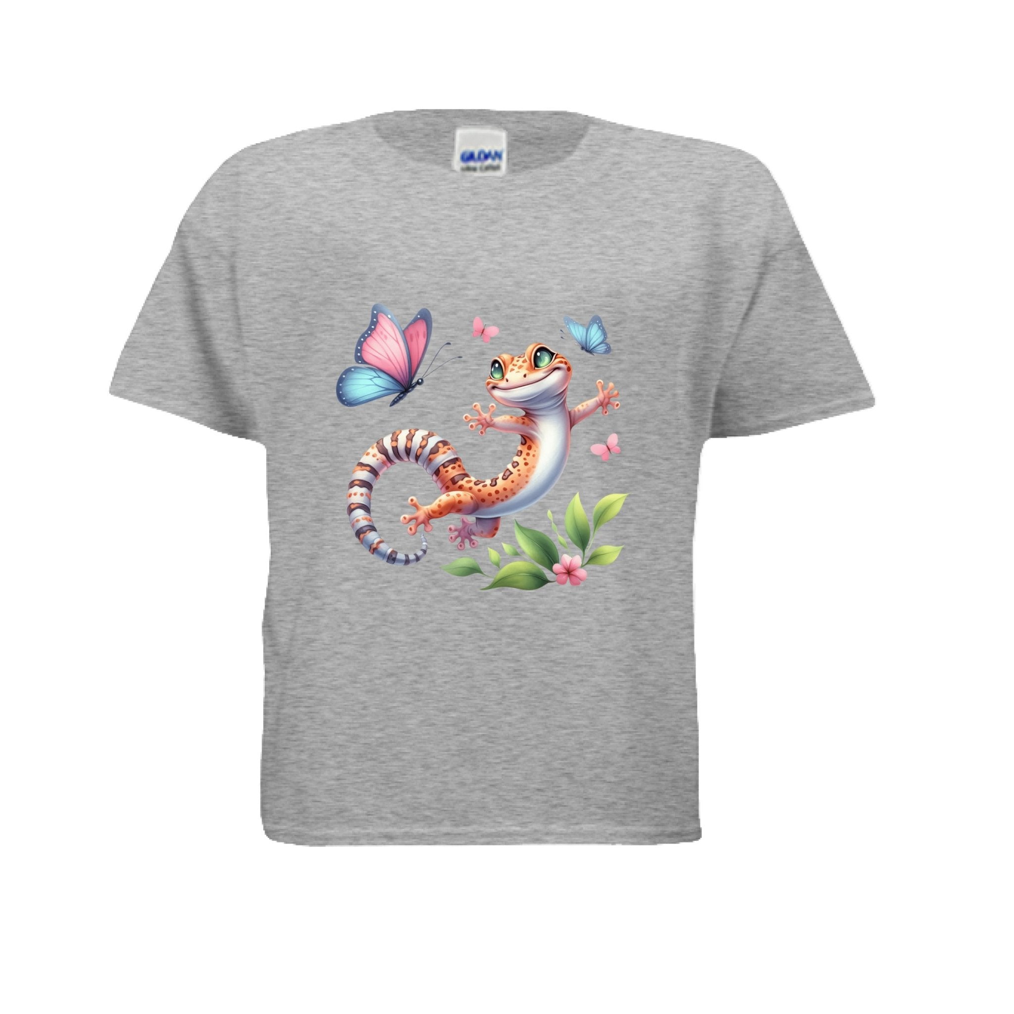 Fun and Colorful Leopard Gecko Kids T-Shirt with Butterflies - Red River Exotics
