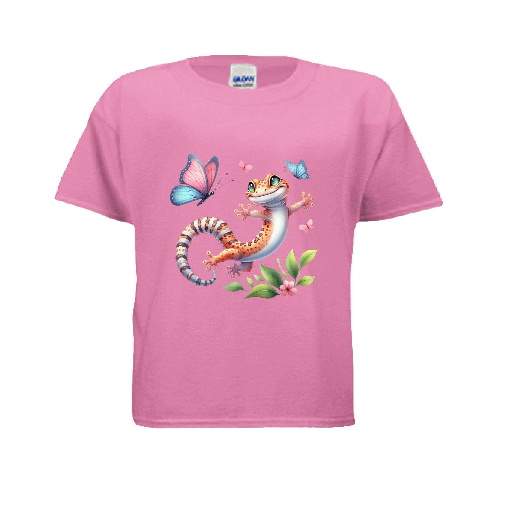 Fun and Colorful Leopard Gecko Kids T-Shirt with Butterflies - Red River Exotics