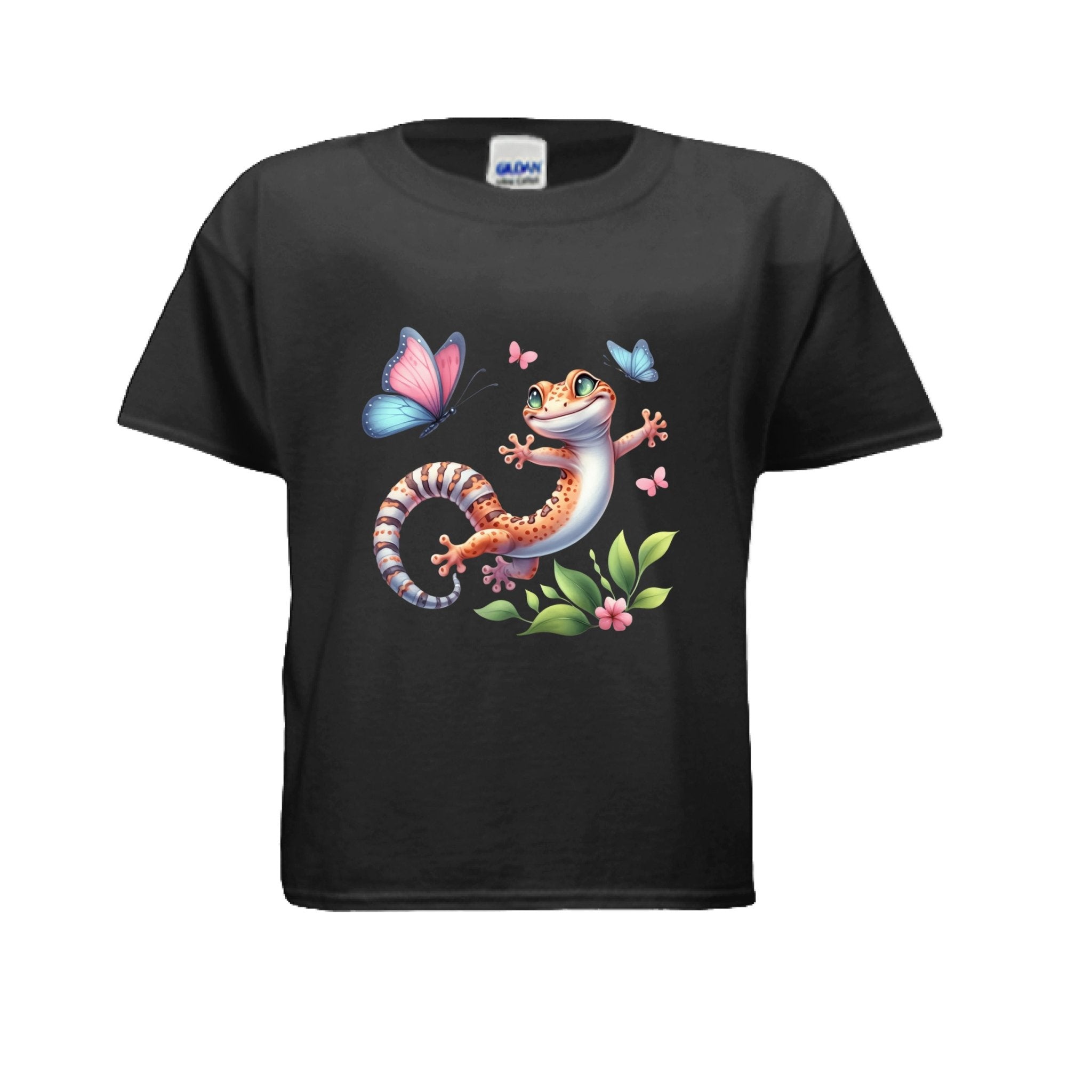 Fun and Colorful Leopard Gecko Kids T-Shirt with Butterflies - Red River Exotics