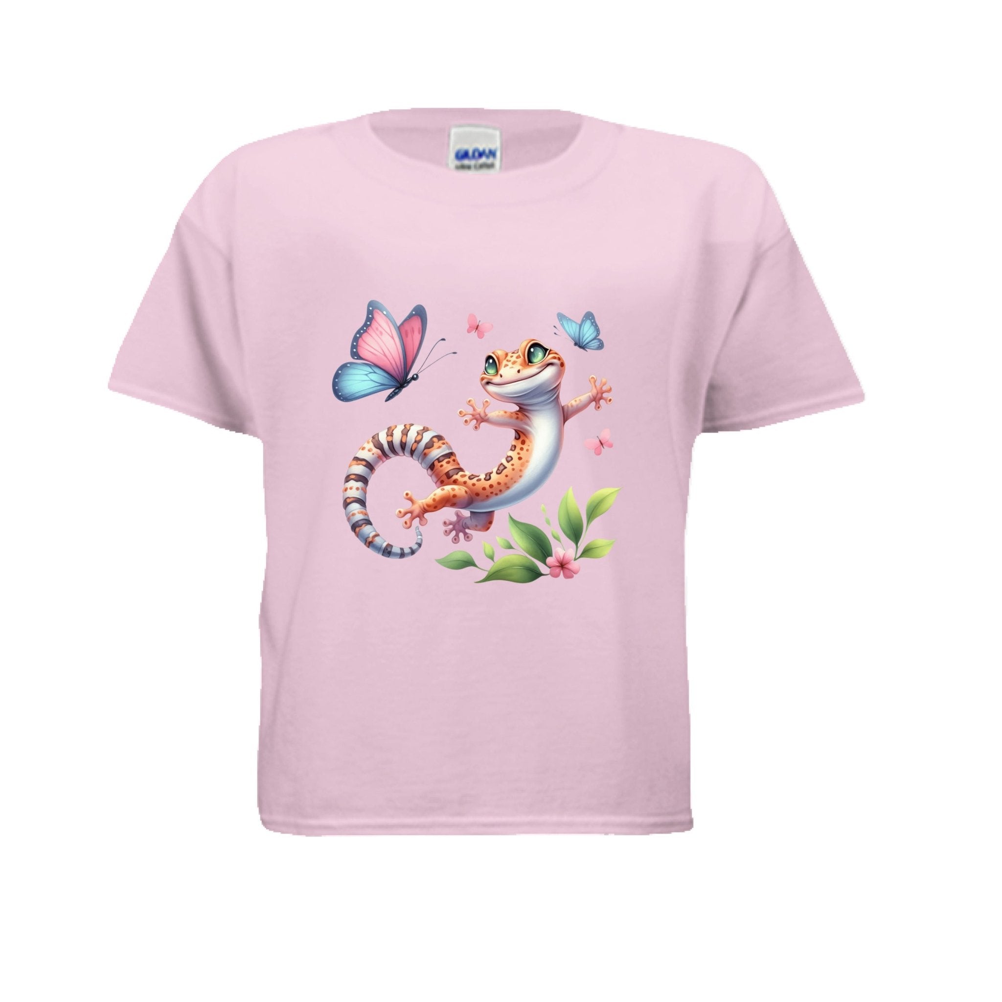 Fun and Colorful Leopard Gecko Kids T-Shirt with Butterflies - Red River Exotics