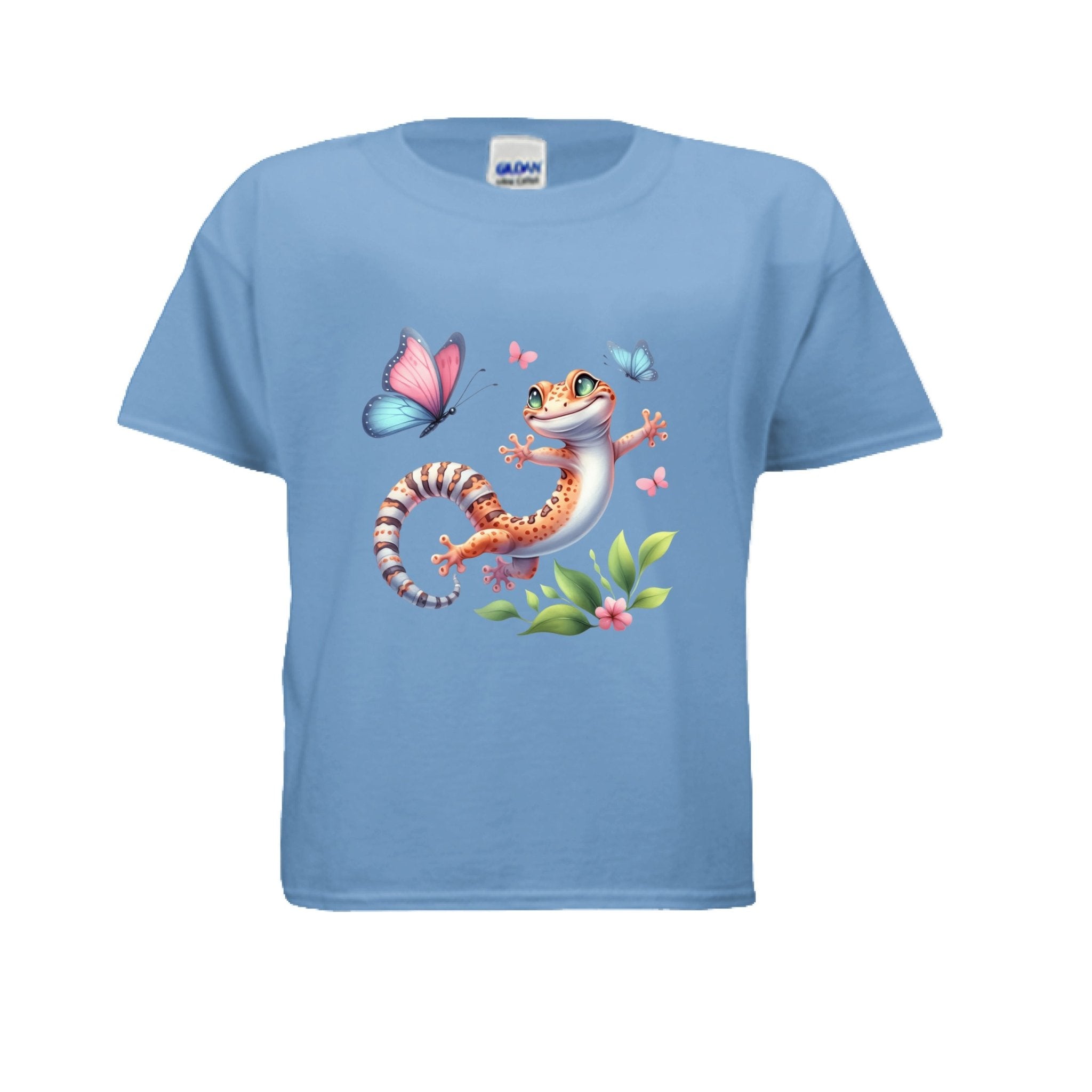 Fun and Colorful Leopard Gecko Kids T-Shirt with Butterflies - Red River Exotics