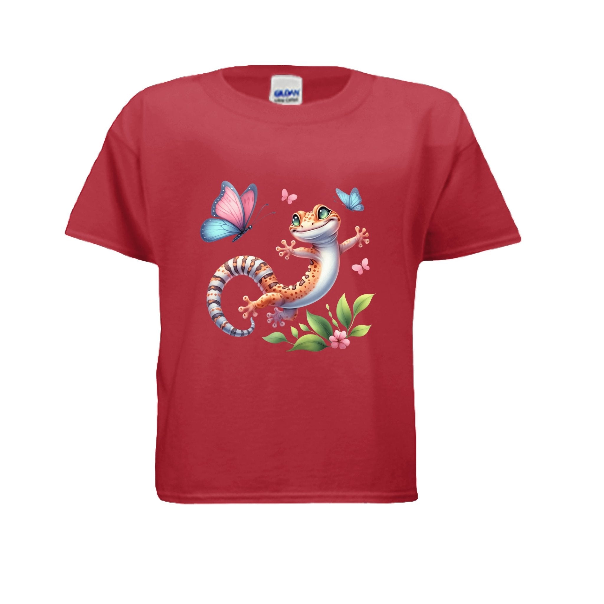 Fun and Colorful Leopard Gecko Kids T-Shirt with Butterflies - Red River Exotics