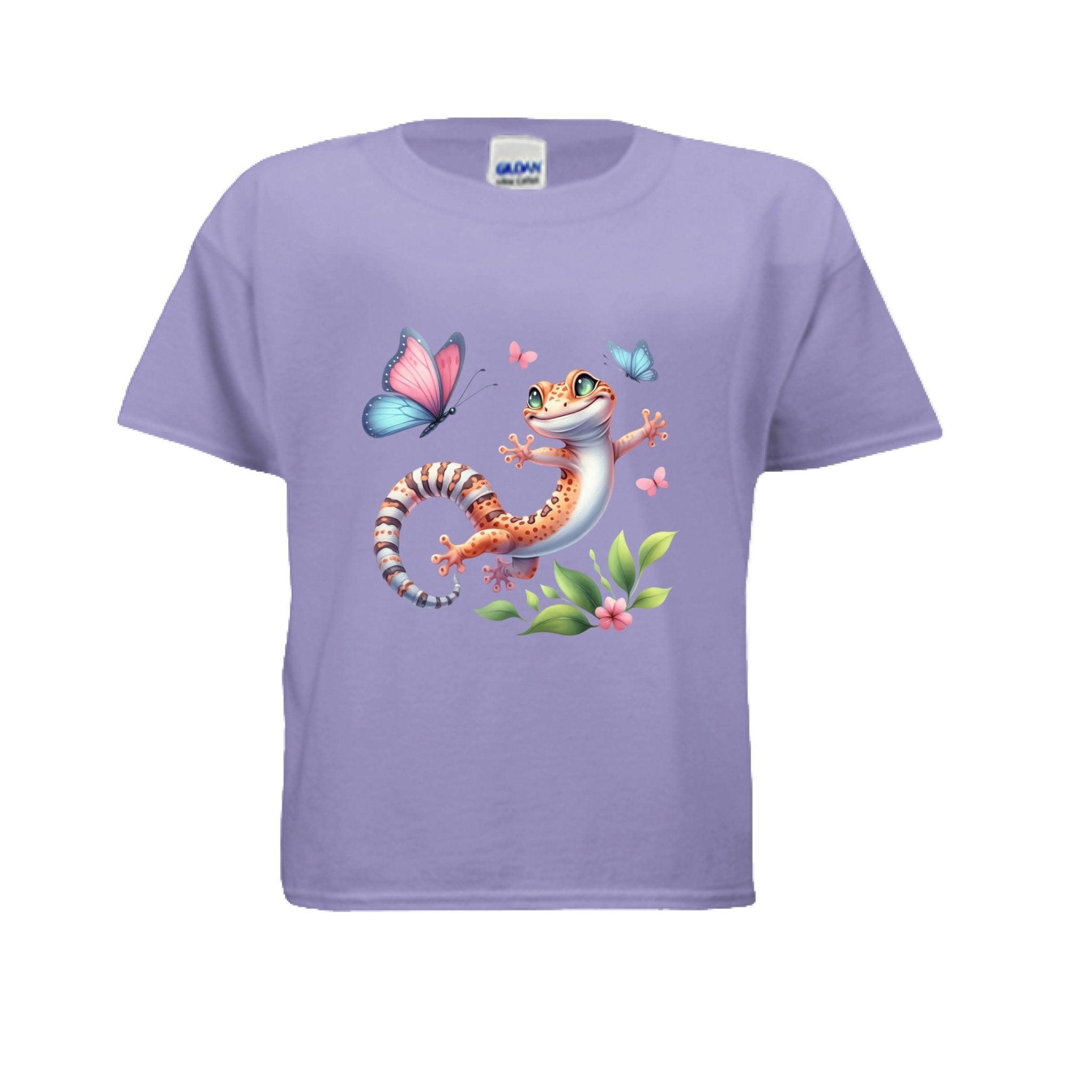 Fun and Colorful Leopard Gecko Kids T-Shirt with Butterflies - Red River Exotics