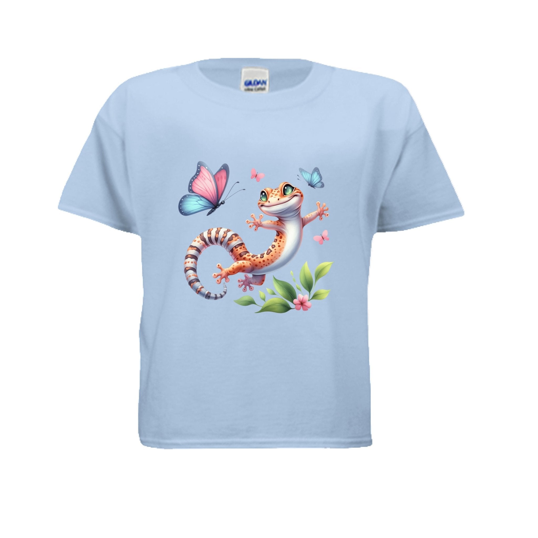 Fun and Colorful Leopard Gecko Kids T-Shirt with Butterflies - Red River Exotics