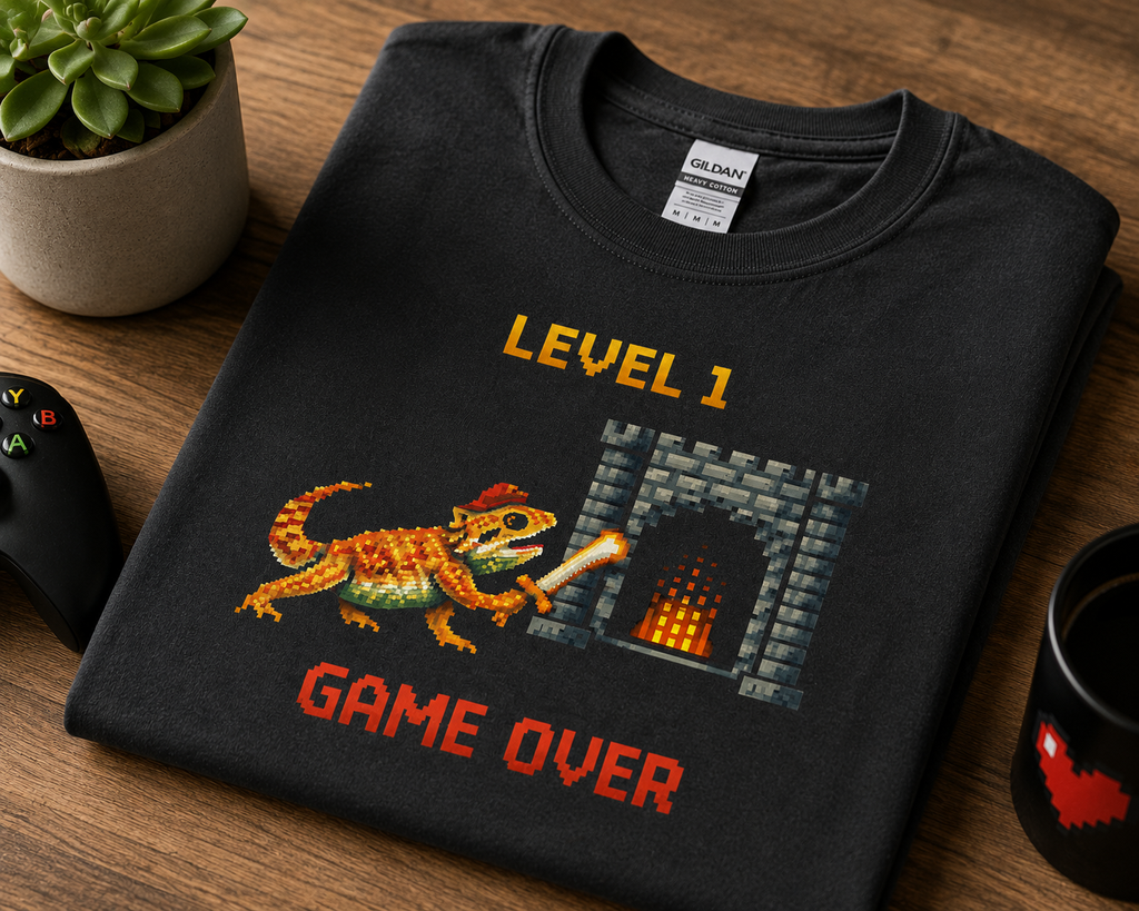 Level 1 Game Over Shirt | Retro Gaming Bearded Dragon Graphic Tee for Gamers