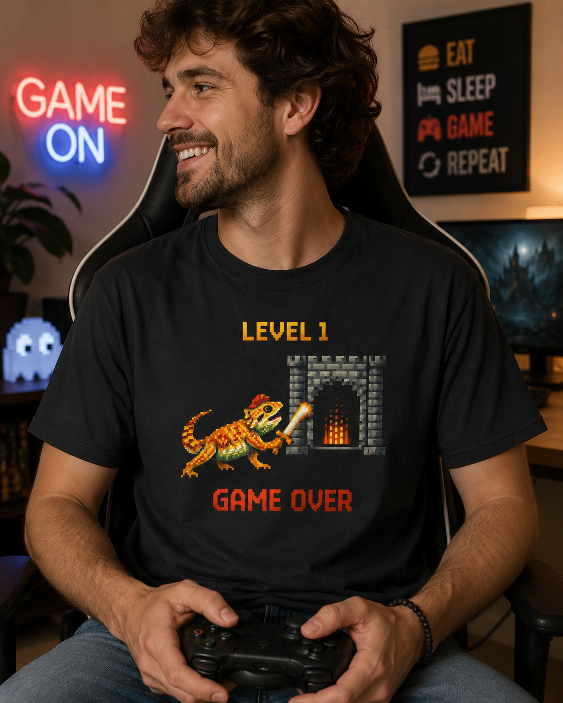 Level 1 Game Over Shirt | Retro Gaming Bearded Dragon Graphic Tee for Gamers