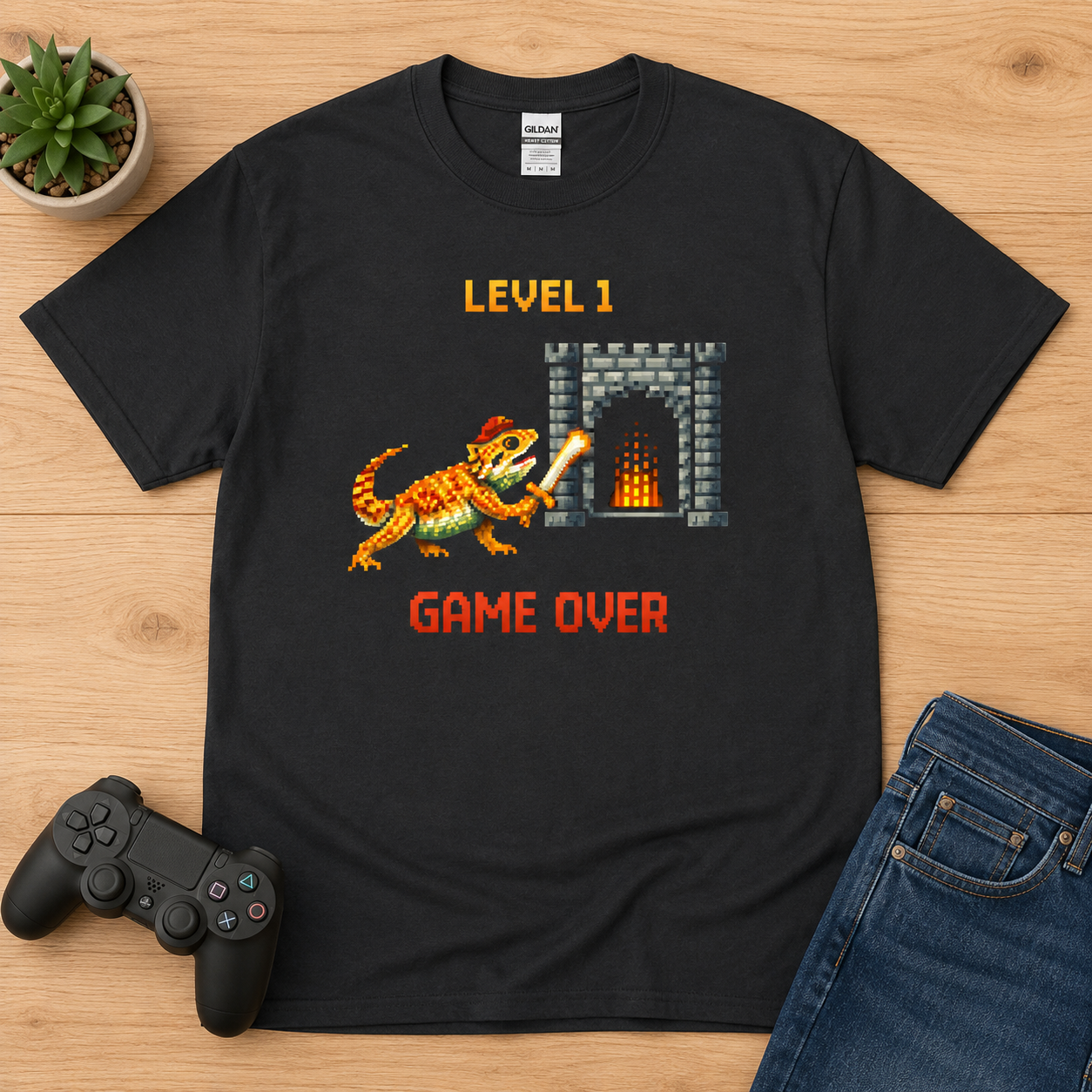 Level 1 Game Over Shirt | Retro Gaming Bearded Dragon Graphic Tee for Gamers