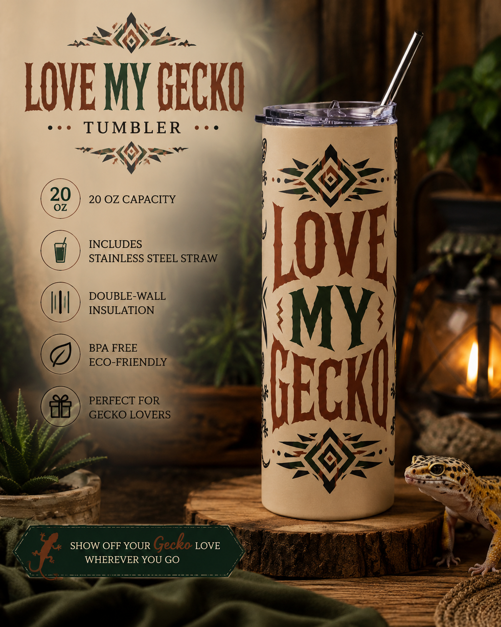 Love My Gecko Tribal Stainless Steel 20 oz Tumbler