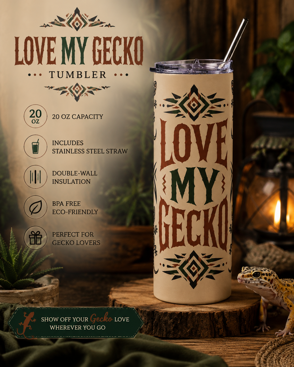 Love My Gecko Tribal Stainless Steel 20 oz Tumbler