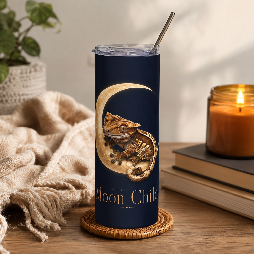 Moon Child Tumbler — 20oz Stainless Steel Travel Cup with Crested Gecko on Crescent Moon