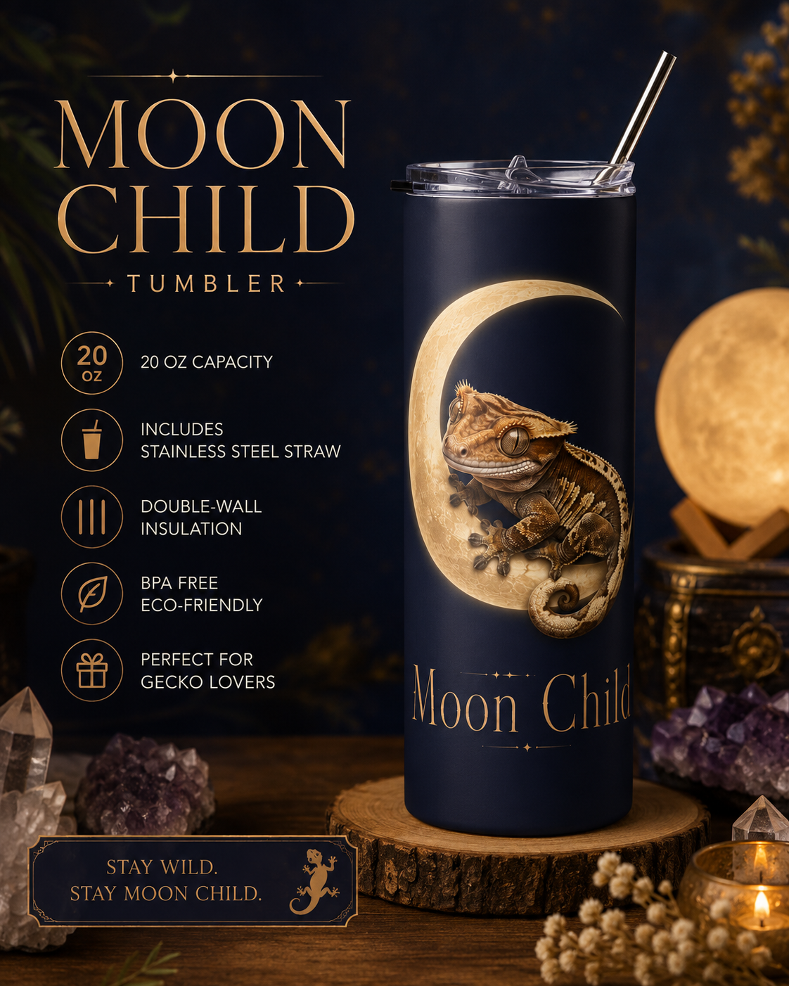 Moon Child Tumbler — 20oz Stainless Steel Travel Cup with Crested Gecko on Crescent Moon
