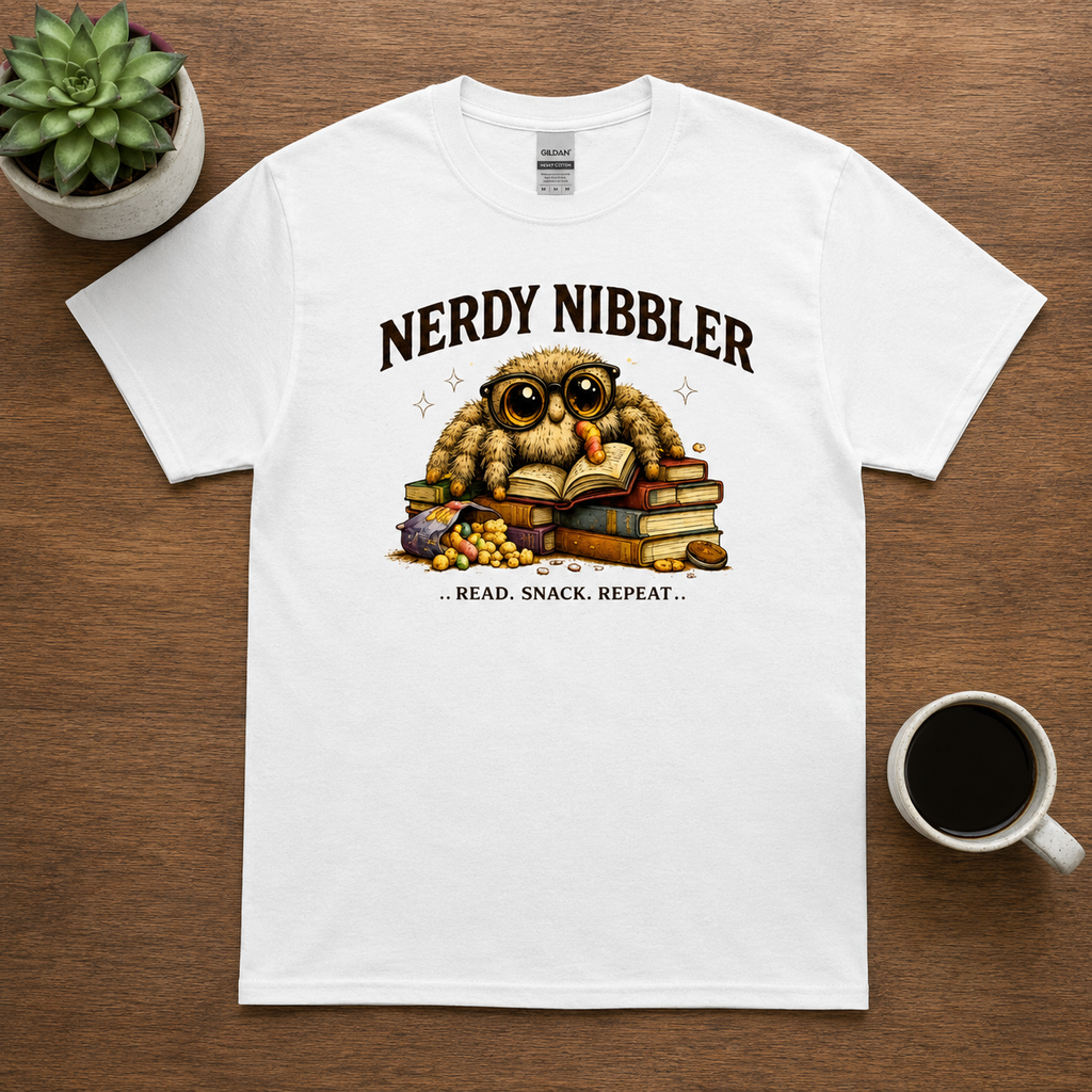 Nerdy Nibbler Jumping Spider T-Shirt | Funny Book Lover Spider Tee