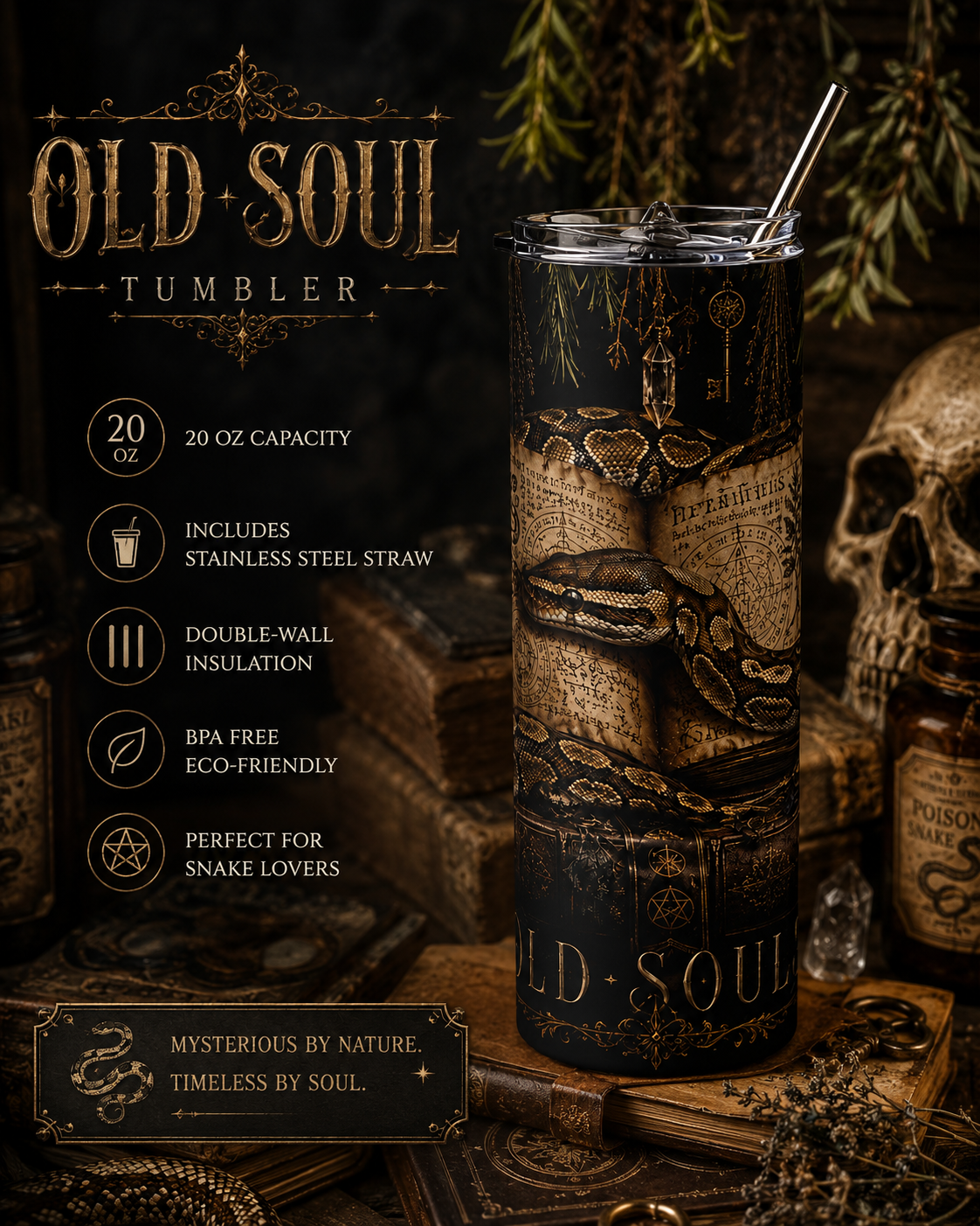 Snake & Grimoire 20oz Stainless Tumbler – Old Souls Gothic Travel Cup