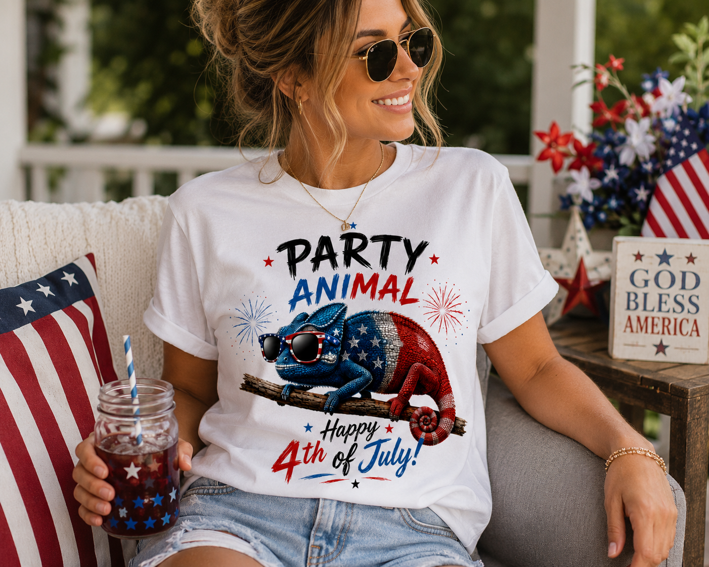 Party Animal Chameleon 4th of July Shirt | Funny Patriotic Reptile Tee