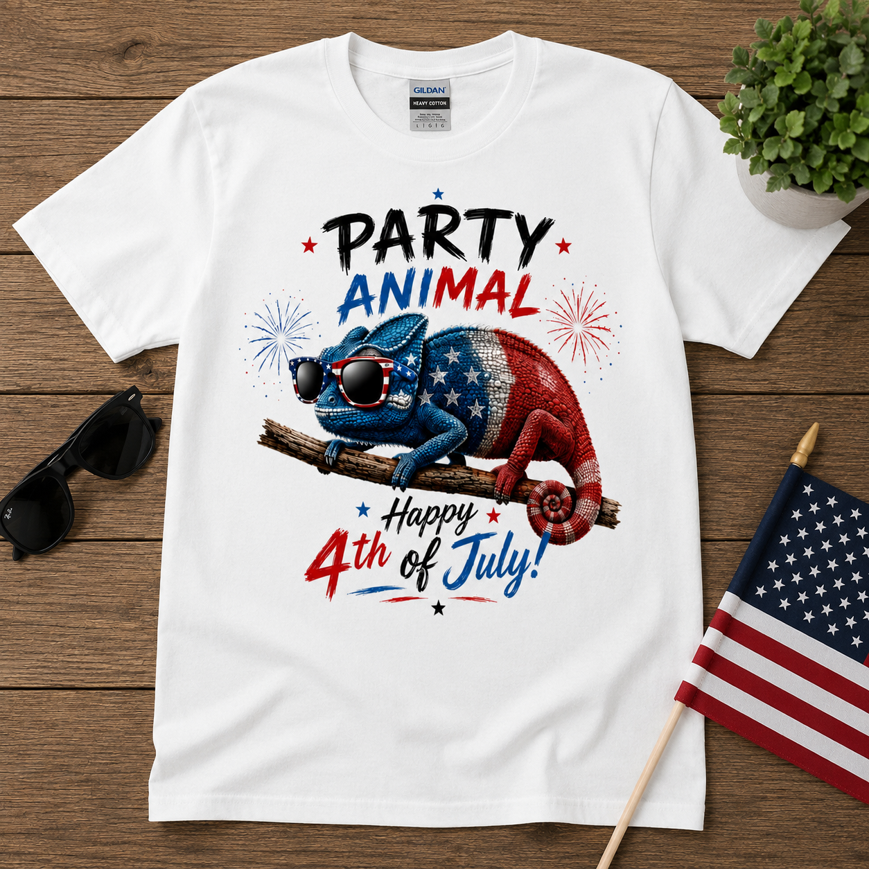 Party Animal Chameleon 4th of July Shirt | Funny Patriotic Reptile Tee