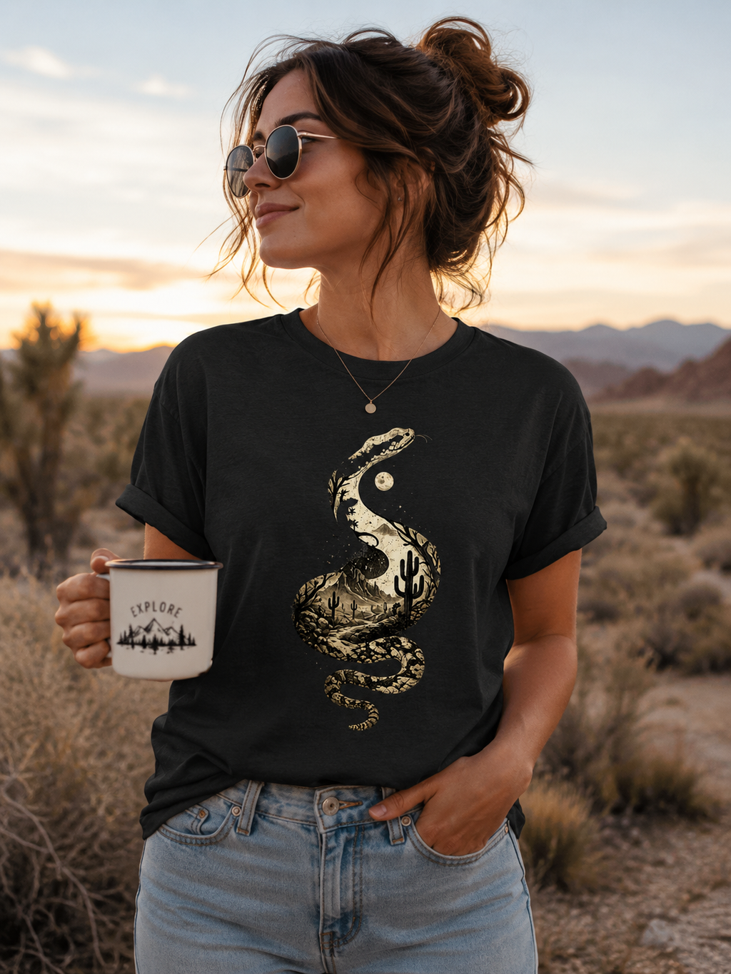 Snake Silhouette Desert T-Shirt | Artistic Reptile Nature Tee