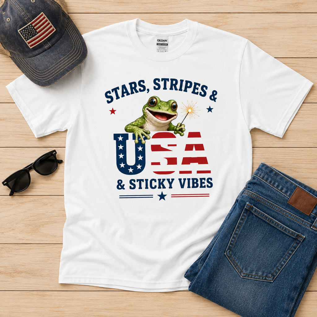 Stars, Stripes & Sticky Vibes Shirt | Funny 4th of July Frog Tee